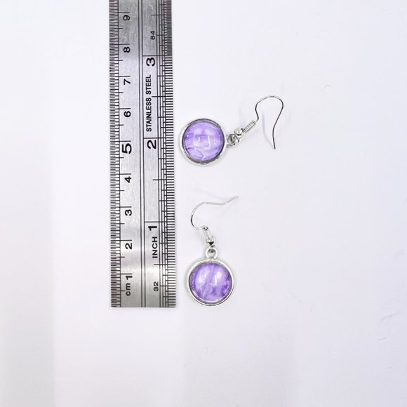 New / Handcrafted - Round Purple Paint Skin Silver Tone Fishhook Earrings - Picture 5 of 5